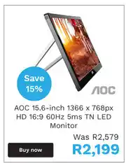 AOC 15.6-Inch 1366 x 768px HD 16:9 60Hz TN LED Monitor