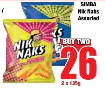 SIMBA Nik Naks Assorted 2 x 135 g offer at Boxer