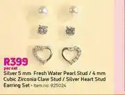 Game Silver 5mm Fresh Water Pearl Stud/4mm CZ Claw Stud/Silver Heart Stud earring Set-Per Set offer