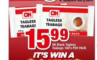 OK Foods Ok Black Tagless Teabags 100's per pack offer