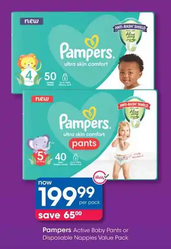 Clicks Pampers Active Baby Pants or Disposable Nappies Value Pack offer