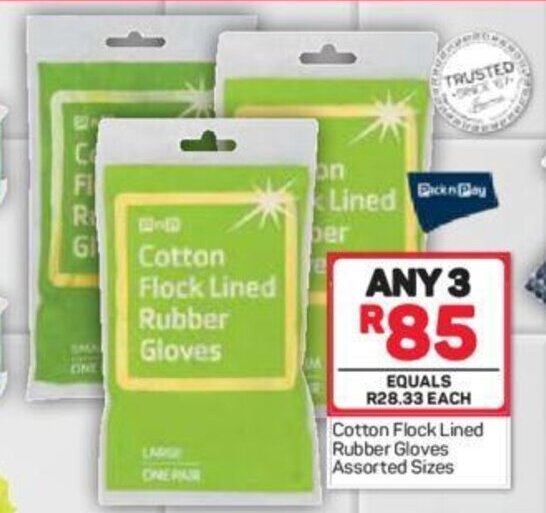 Cotton Flock Lined Rubber Gloves Assorted Sizes offer at Pick n Pay