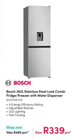 Teljoy Bosch 263L Stainless Steel Look Combi Fridge/Freezer with Water Dispenser offer