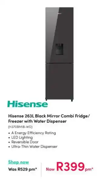 Teljoy Hisense Black Mirror Combi Fridge/ Freezer with Water Dispenser offer