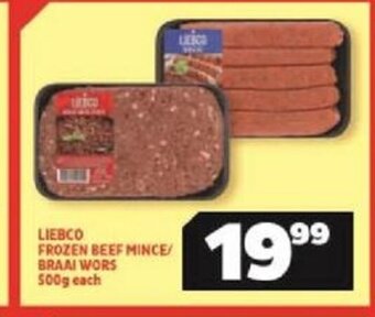 Usave Liebco Frozen Beef Mince/Braai Wors 500g each offer