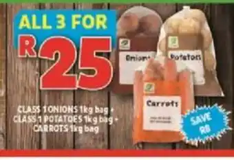 Usave Class 1 Onion 1kg bag + Class 1 Potatoes 1kg bag + Carrots 1kg bag offer