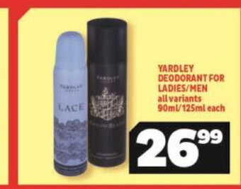 Usave Yardley Deodorant For Ladies/Men All Variants 90ml / 125ml each offer