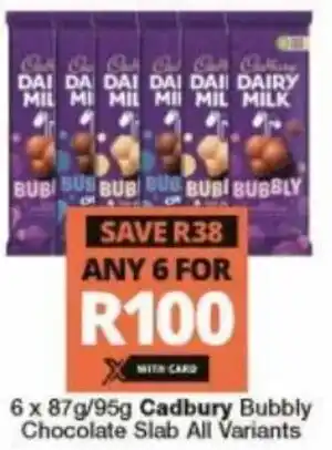 Cadbury Bubbly Chocolate Slab All Variants 6 x 87g/95g