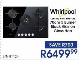 Hirsch's Whirlpool 70cm 5 Burner Black Gas on Glass Hob offer