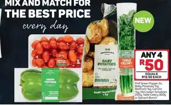 Pick n Pay PnP Green Pepper 2s, Baby Potatoes 1kg, Beetroot 1kg, Carrots 1kg, Mini Italian Tomatoes 250g, Table Celery or Spinach Bunch offer