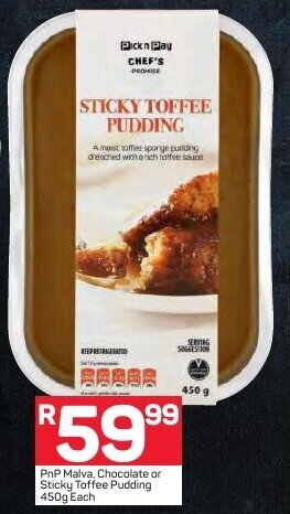 Pick n Pay PnP Malva, Chocolate or Sticky Toffee Pudding 450g offer