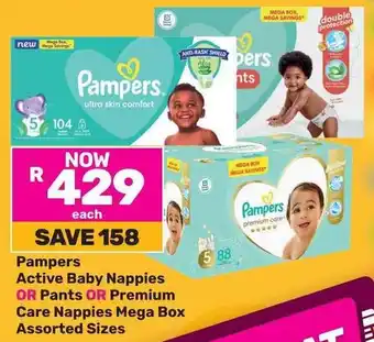 Game Pampers Active Baby Nappies OR Pants OR Premium Care Nappies Mega Box Assorted Sizes offer