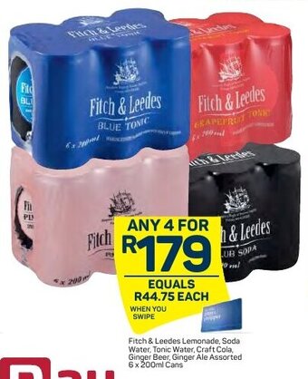 Pick n Pay Fitch & Leedes Lemonade, Soda Water, Tonic Water, Craft Cola, Ginger Beer, Ginger Ale Assorted 6x200ml Cans offer