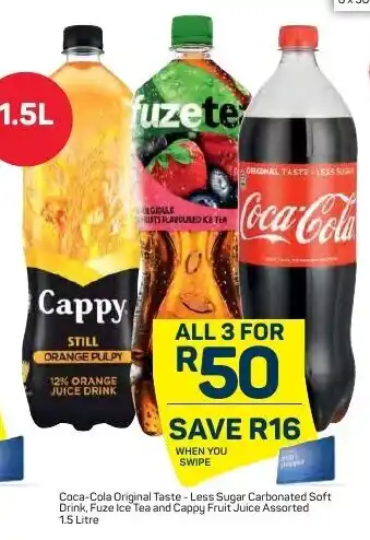 Pick n Pay Coca-Cola Original Taste-Less Sugar Carbonated Soft Drink, Fuze Ice Tea And Cappy Fruits Assorted 1.5Litre offer