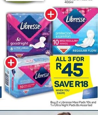 Pick n Pay Buy 2xLibresse Maxi Pads 10s and 1xUltra Night Pads 8s Assorted offer