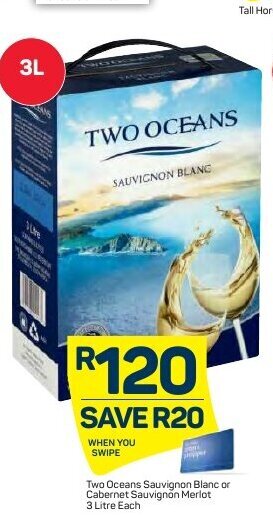 Pick n Pay Two Oceans Sauvignon Blanc or Cabernet Sauvignon Meriot 3 Litre offer