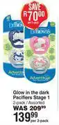 Dr Brown's Glow In The Dark Pacifiers Stage 1 2 Pack Assorted-Per 2 Pack