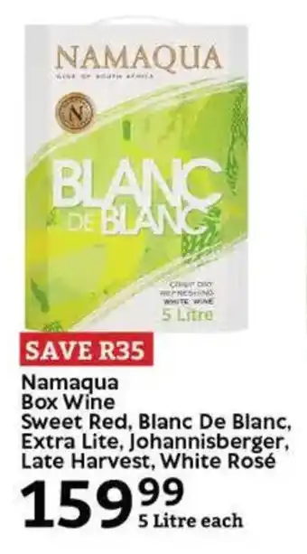 Oxford Freshmarket Namaqua Box Wine Sweet Red, Blanc De Blanc, Extra Lite, Johannisberger, Late Harvest, White Rosé offer