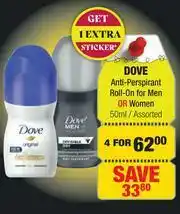 Dis-Chem Dove Anti Perspirant Roll On For Men Or Women Assorted-For 4 x 50ml offer