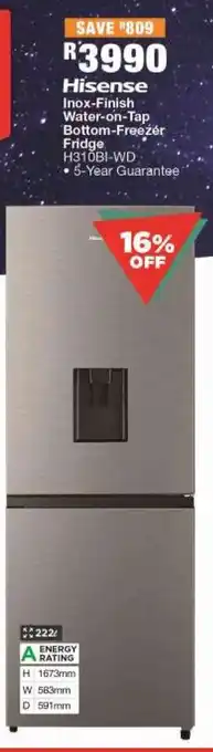 House & Home Hisense Inox-Finish Water-on-Tap Bottom-Freezér Fridge offer