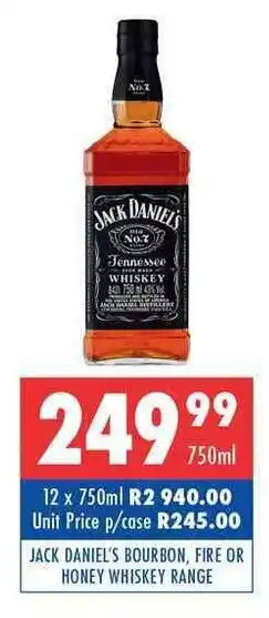 Ultra Liquors Jack Daniel's Bourbon, Fire or Honey Whiskey Range 750ml offer