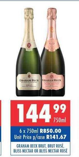 Graham Beck Brut, Brut Rose, Bliss Nectar or Bliss Nectar Rose 750ml