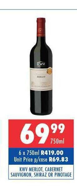 Ultra Liquors KWV Merlot, Cabernet Sauvignon, Shiraz or Pinotage 750ml offer