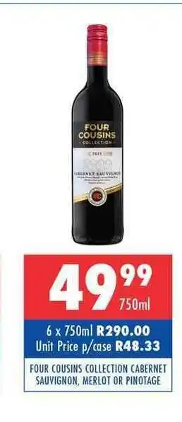 Ultra Liquors Four Cousins Collection cabernet Sauvignon, Merlot or Pinotage 750ml offer