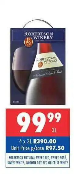 Ultra Liquors Robertson Natural Sweet Red, Sweet Rose, Sweet White, Smooth Dry Red or Crisp White 3L offer