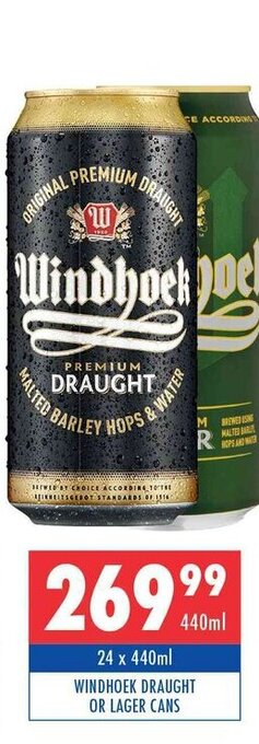 Ultra Liquors Windhoek Draught or Lager Cans 24 x 440ml offer
