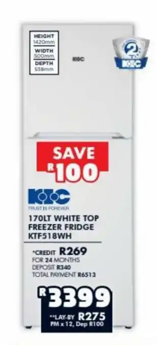 KIC 170Lt White Top Freezer Fridge KTF518WH