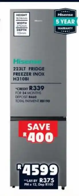 Barnetts - Price 'n Pride Hisense - 223Lt Fridge Freezer INOX H310BI offer