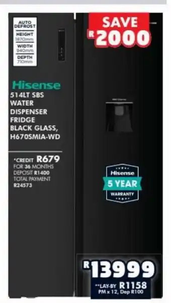 Barnetts - Price 'n Pride Hisense - 514Lt SBS Water Dispenser Fridge Black Glass, H670SMIA-WD offer