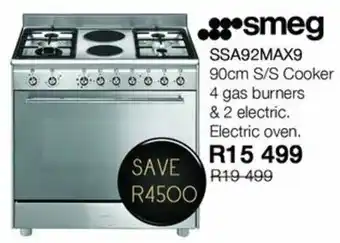 Kloppers Smeg SSA92MAX9 90cm S/S Cooker 4 Gas Burners & 2 Electric. Electric Oven offer