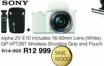 Kloppers Sony Alpha ZV-E10 Includes 16-50mm Lens White, GP-VPT2BT Wireless Shooting Grip and Pouch offer