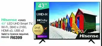 Kloppers Hisense 43A6G 43" LED UHD Smart TV, Wi-Fi, 3840 x 2160, HDMI x3, USB x2 offer