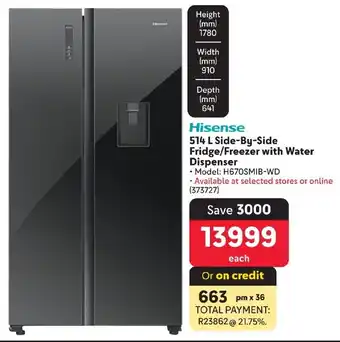 Makro Hisense Side-By-Side Fridge/Freezer with Water Dispenser offer