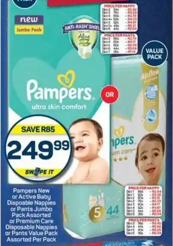 Pick n Pay Pampers New or Active Baby Dispoable Nappies or Pants Jumbo Pack Assorted or Premium Care Disposable Nappies or Pants offer