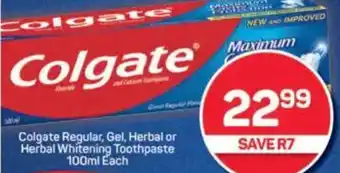 Pick n Pay Colgate Regular, Gel, Herbal or Herbal Whitening Toothpaste offer