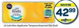 Pick n Pay Lil-Lets Non-Applicator Tampons Assorted offer