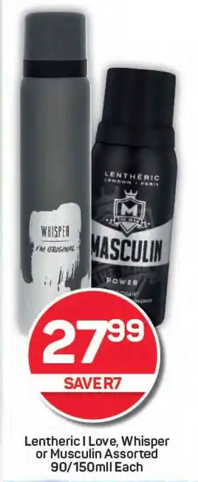 Pick n Pay Lentheric I Love, Whisper or Musculin Assorted offer