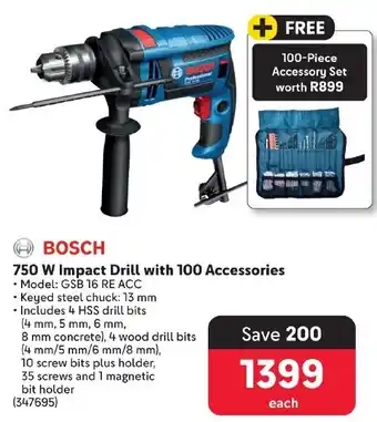 Makro BOSCH 750 W Impact Drill with 100 Accessories offer