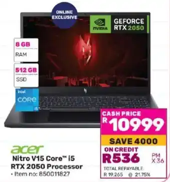 Game Acer Nitro V15 Core i5 RTX 2050 Processor offer