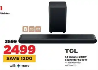 HiFi Corp TCL 3.1 Channel 240W Sound Bar S643W offer