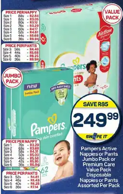 Pick n Pay Pampers Active Nappies or Pants Jumbo Pack or Premium Care Value Pack Disposable Nappies or Pants Assorted Per Pack offer