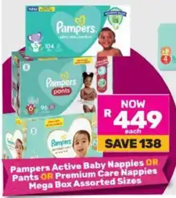 Game Pampers Active Baby Nappies OR Pants OR Premium Care Nappies Mega Box Assorted Sizes offer