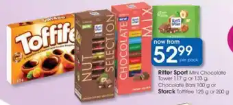 Clicks Ritter Sport Mini Chocolate Tower, Chocolate Bars or Storck Toffifee offer