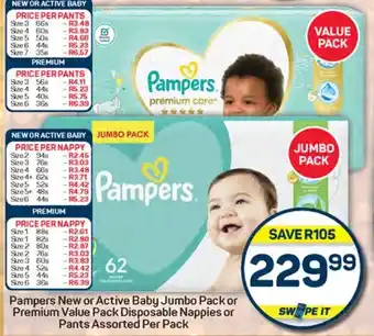 Pick n Pay Hypermarket Pampers New or Active Baby Jumbo Pack or Premium Value Pack Disposable Nappies or Pants Assorted Per Pack offer