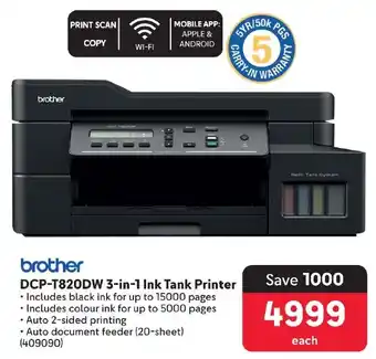 Makro Brother DCP-T820DW 3-in-1 Ink Tank Printer offer