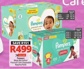 Checkers Pampers Mega Box Active/ Premium Care Disposable Nappies/Pants offer